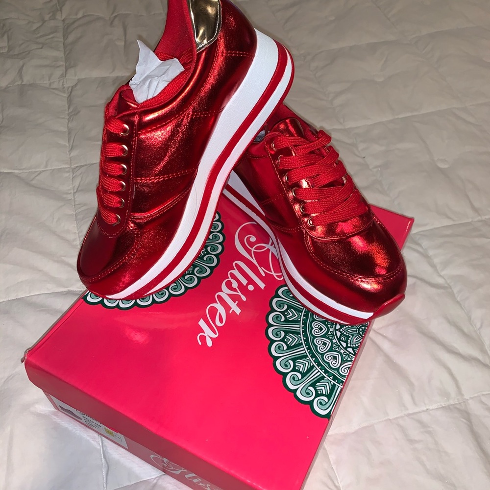 BNIB red metallic platform sneakers